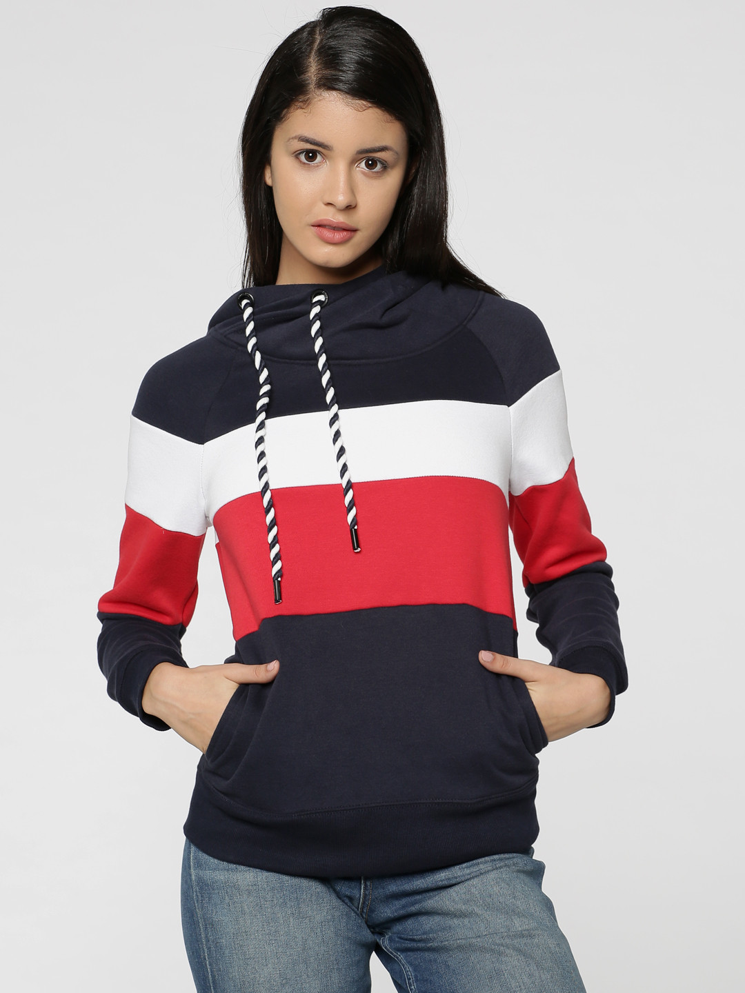 Buy ONLY Women Navy Blue & Red Colourblocked Hooded Sweatshirt
