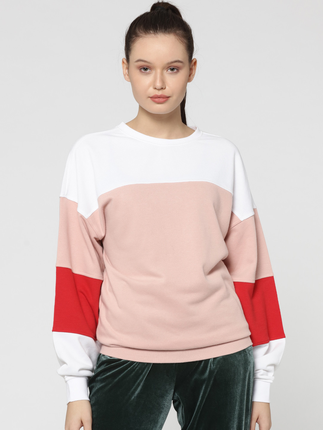 Buy ONLY Women Pink & White Colourblocked Sweatshirt Sweatshirts for