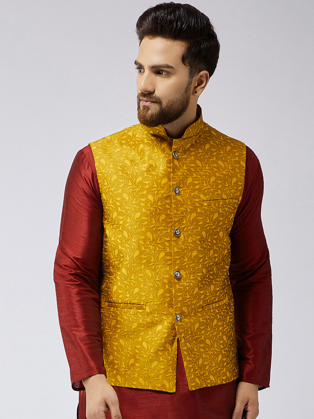 Buy SOJANYA Mustard Printed Nehru Jacket Nehru Jackets for Men
