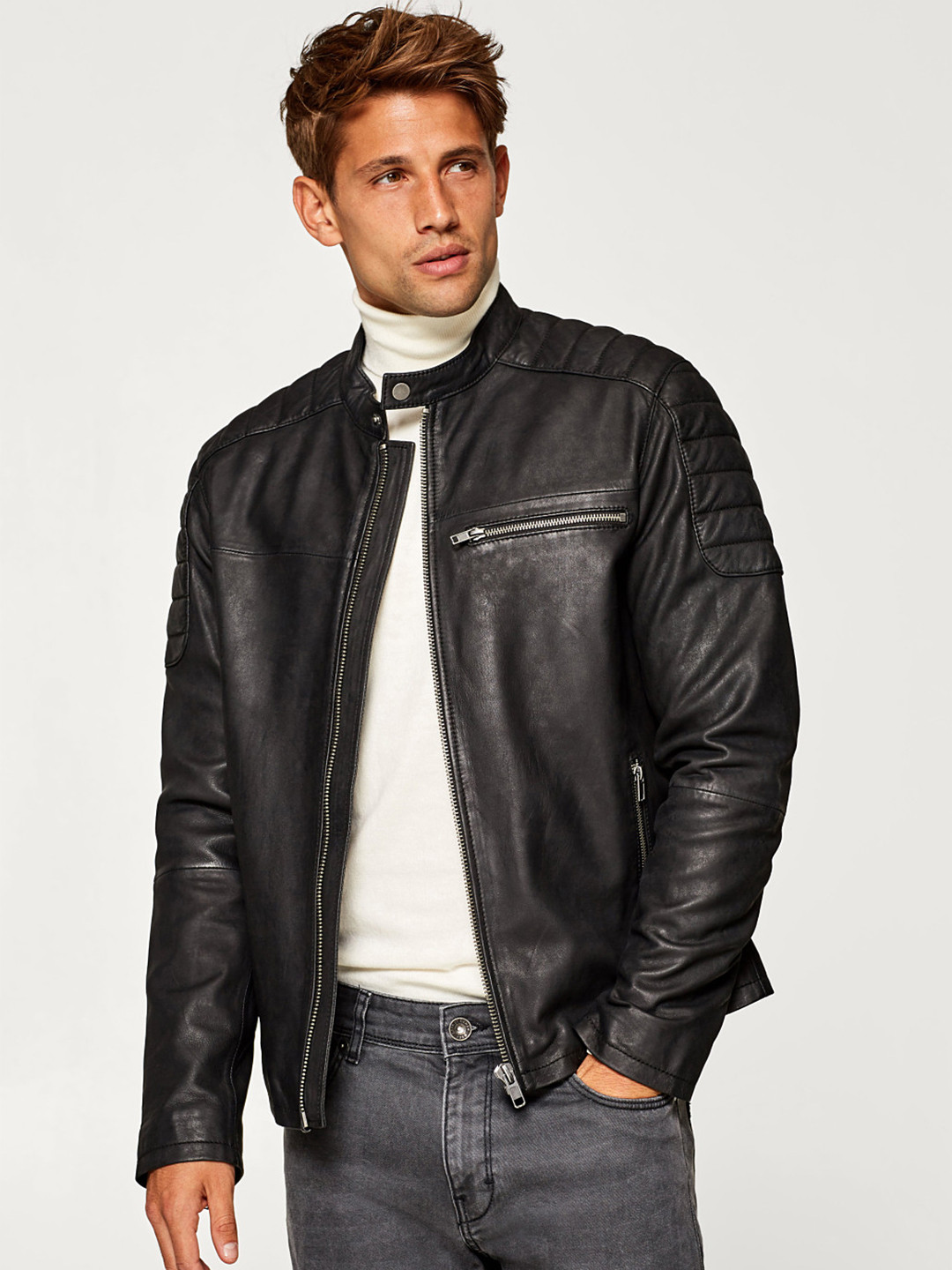 Buy ESPRIT Men Black Solid Leather Jacket Jackets for Men 7337029