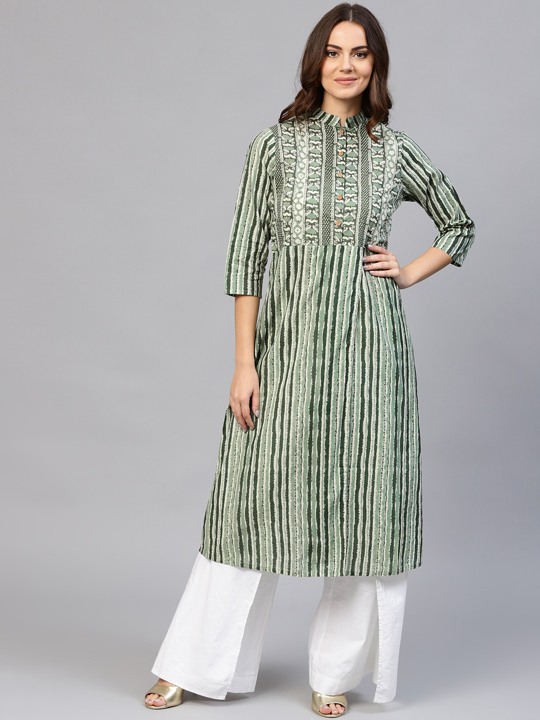 Buy Jaipur Kurti Women Green & Off White Striped A Line Kurta Kurtas