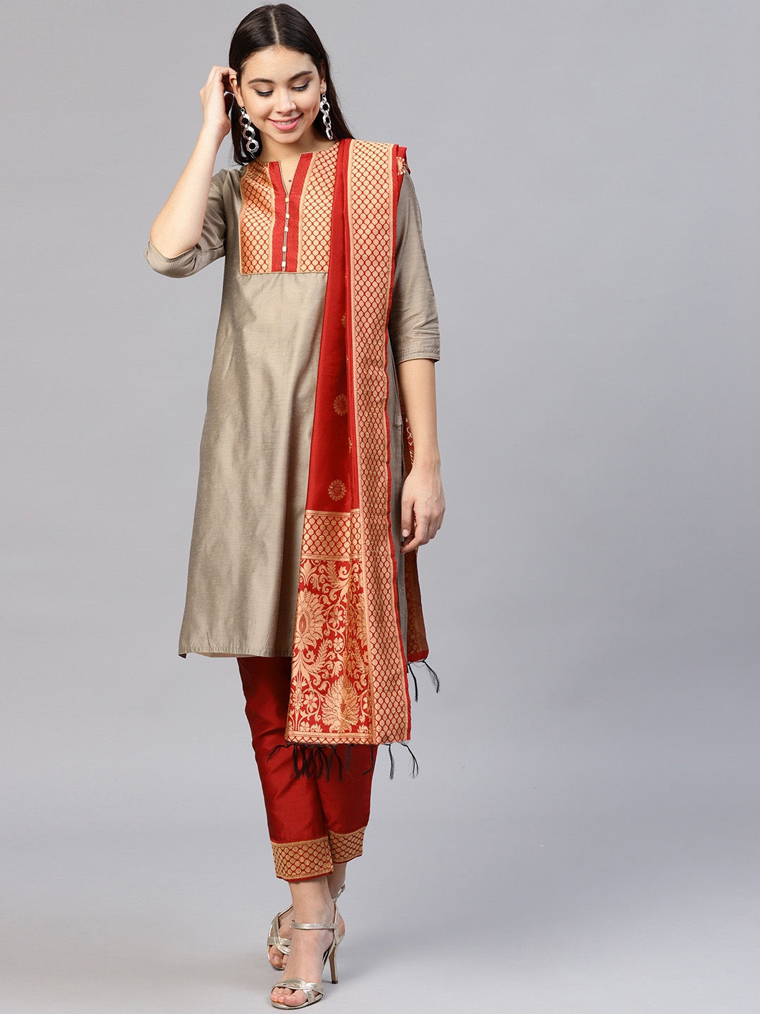 Buy Jaipur Kurti Women Taupe & Red Yoke Design Kurta With Trousers ...