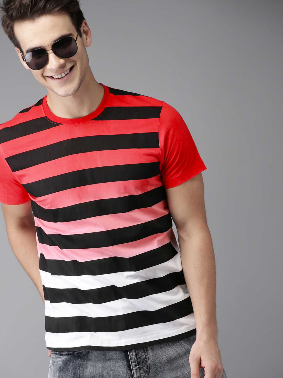 Buy HERE&NOW Men Red & Black Striped Round Neck T Shirt Tshirts for Men 7348279 Myntra