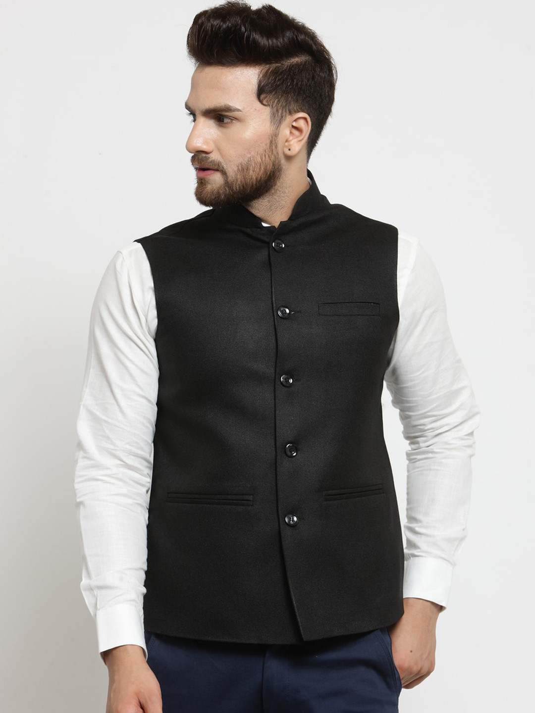 Black Soild Nehru Jacket For Men
