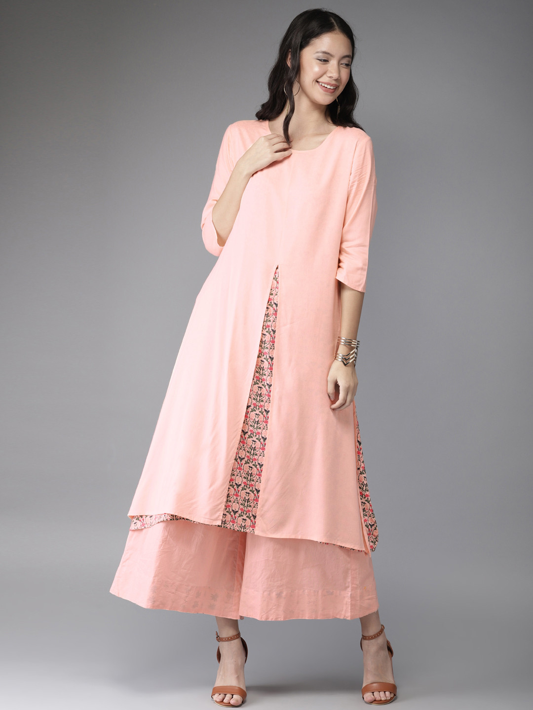 Buy HERE&NOW Women Peach Coloured Printed Layered A Line Kurta - Kurtas ...