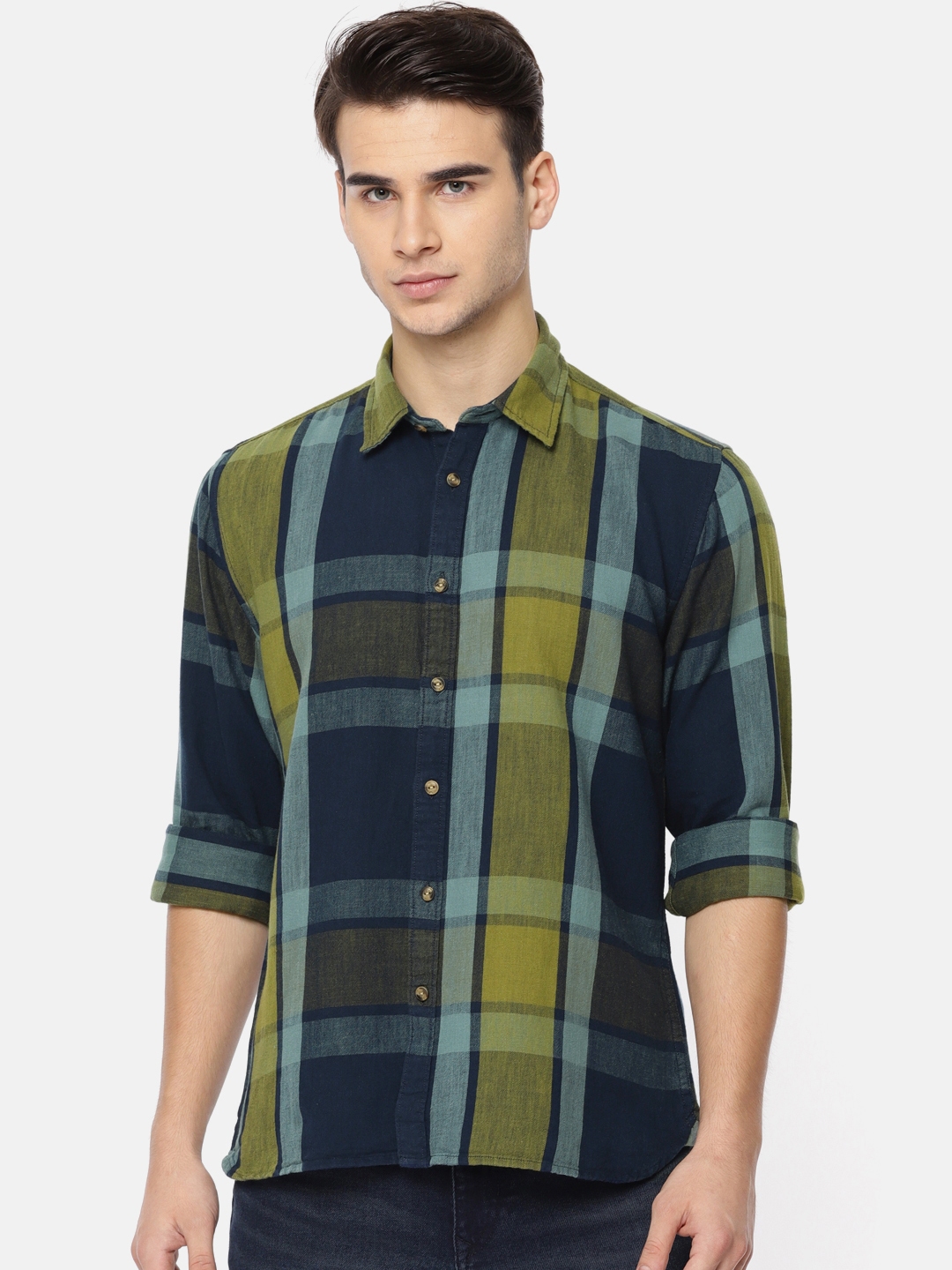 olive green shirt with blue jeans