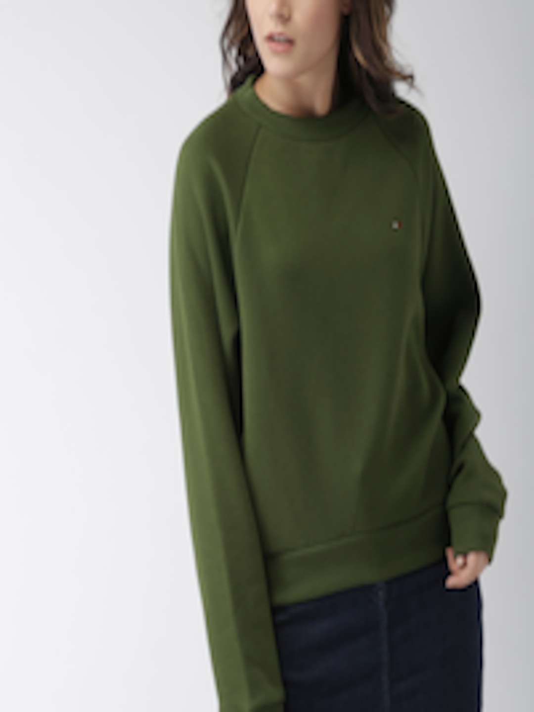 Buy Tommy Hilfiger Women Olive Green Solid Sweatshirt - Sweatshirts for ...
