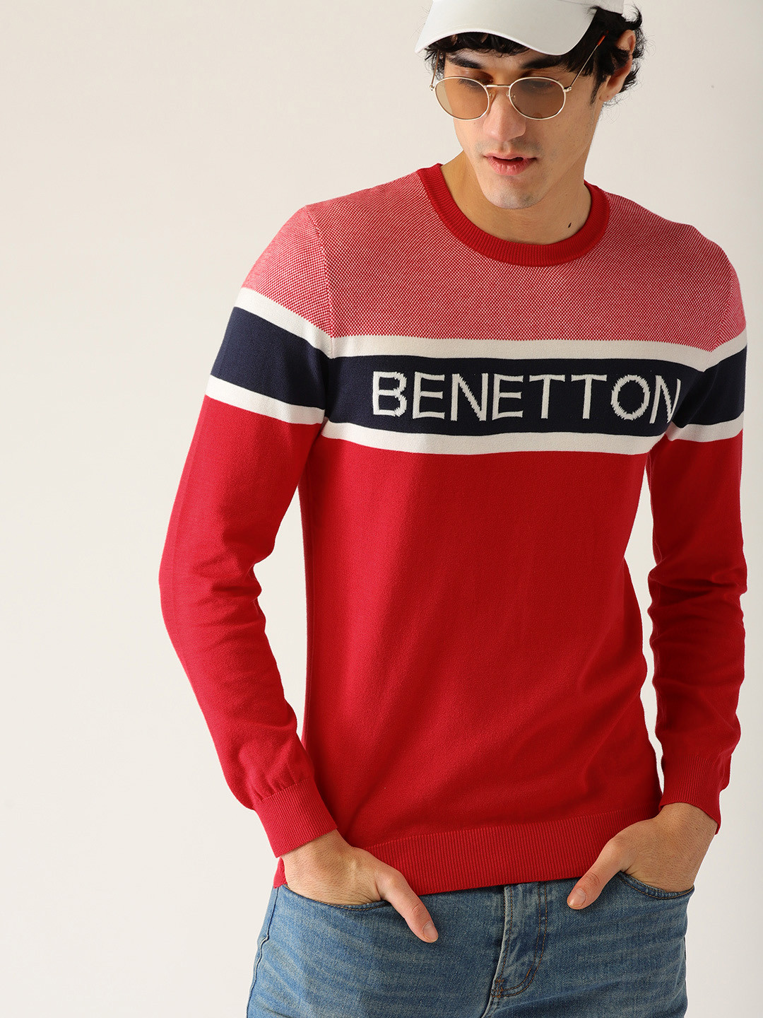 Buy United Colors Of Men Red & Navy Blue Striped Pullover