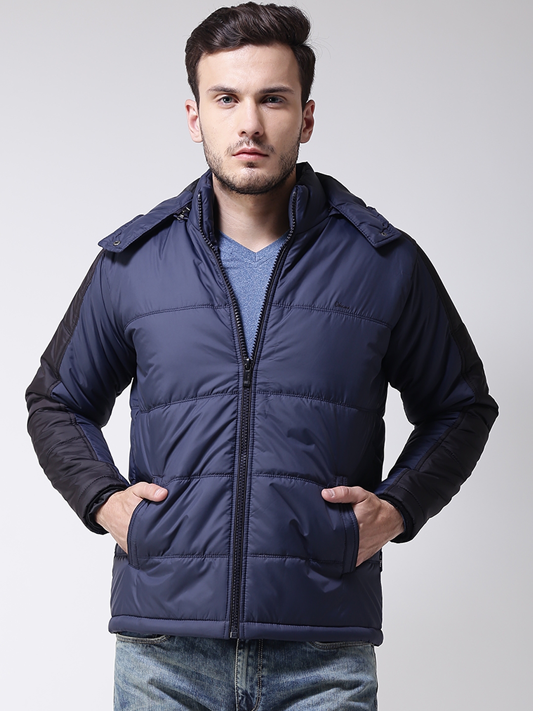 Buy Okane Men Navy Blue Solid Hooded Padded Jacket - Jackets for Men ...