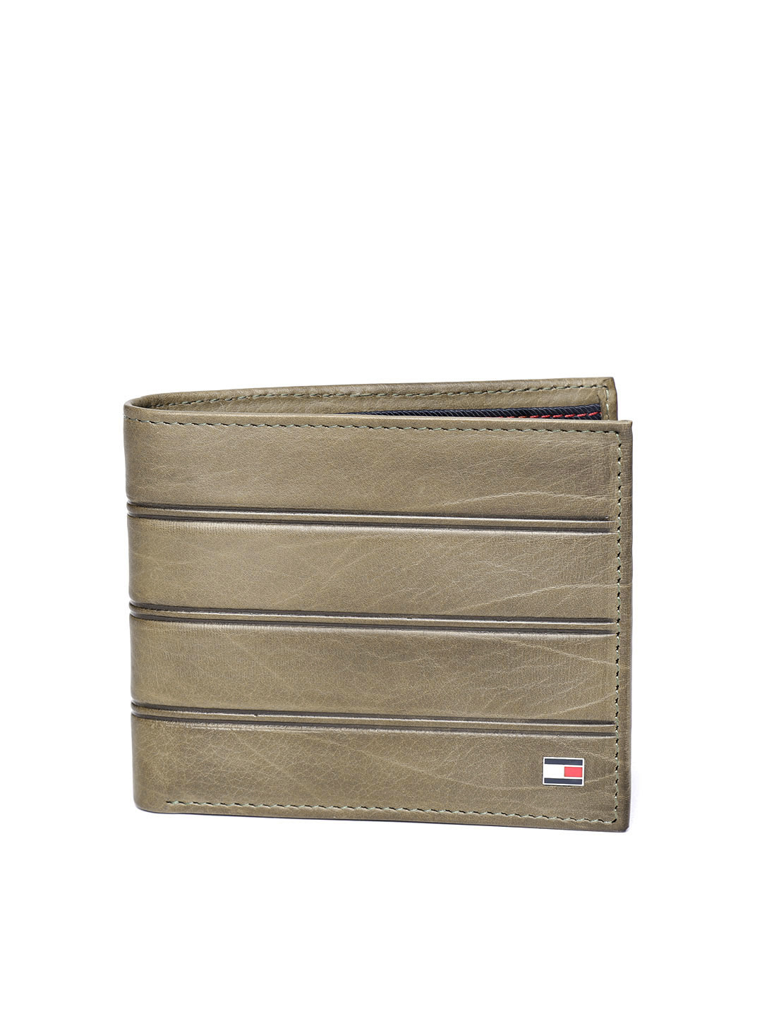 Buy Tommy Hilfiger Men Olive Green Striped Leather Two Fold Wallet