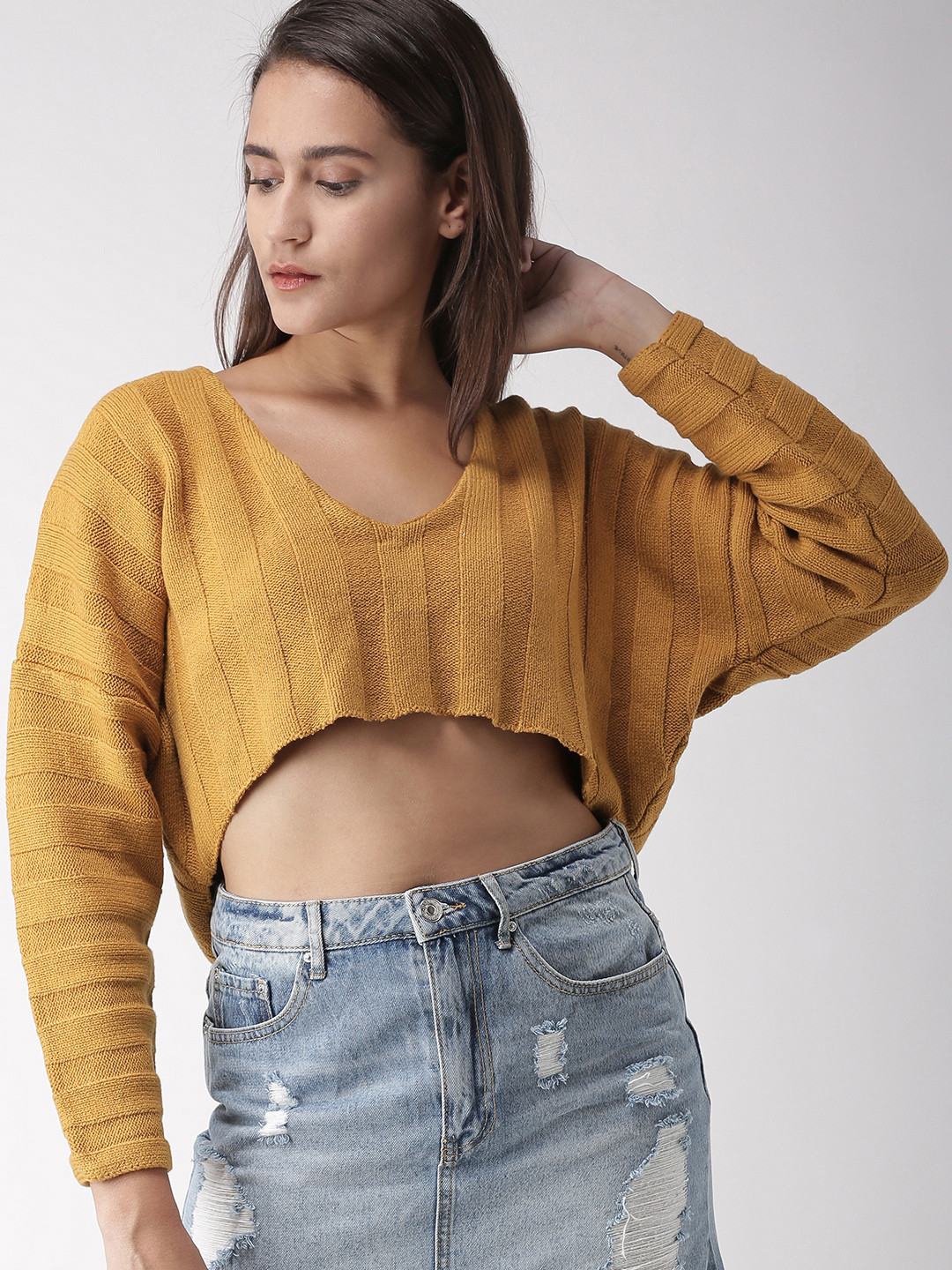 Buy FOREVER 21 Women Mustard Yellow Solid Crop Pullover Sweater