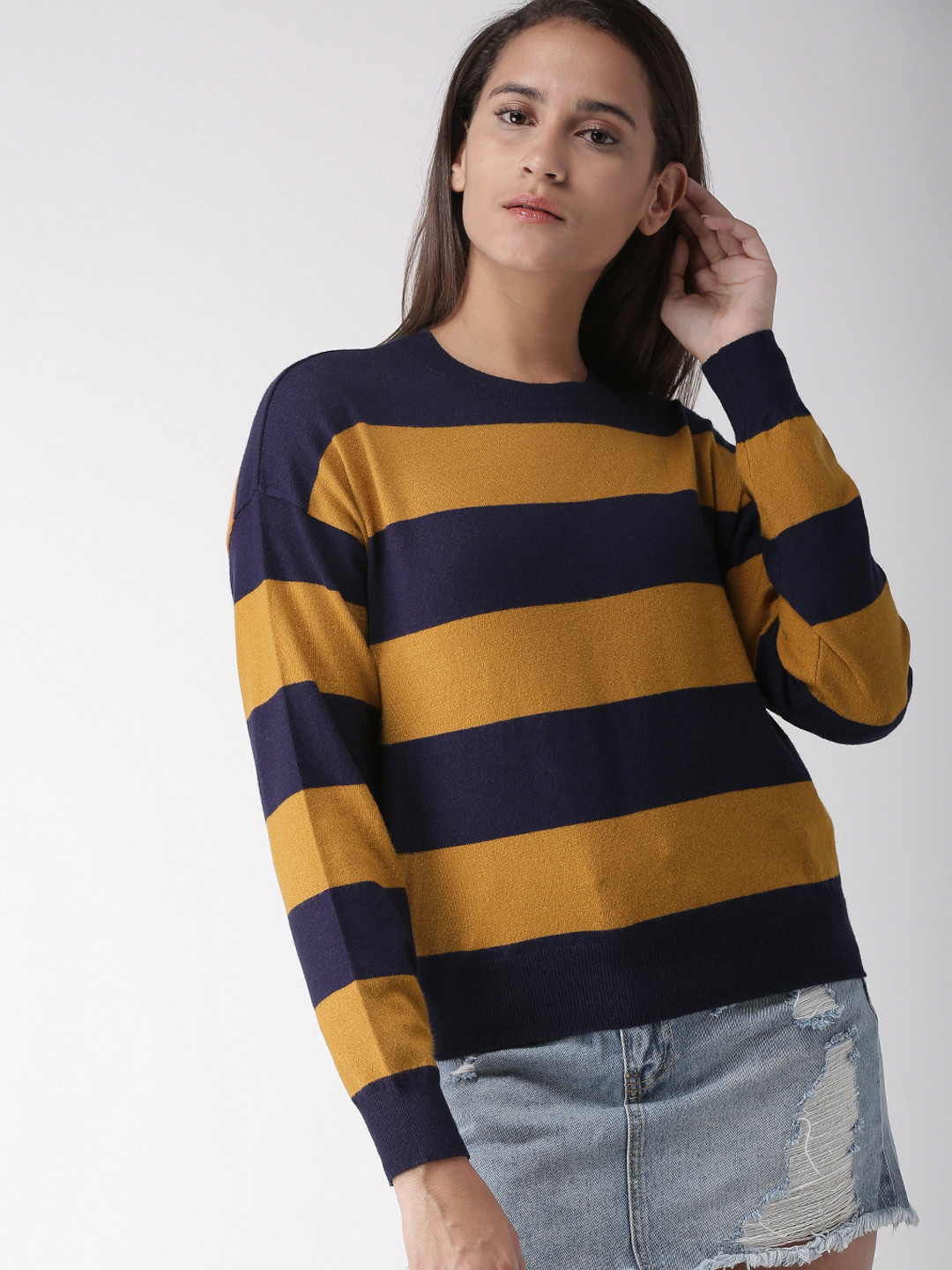 Buy FOREVER 21 Women Navy Blue & Mustard Yellow Striped Pullover