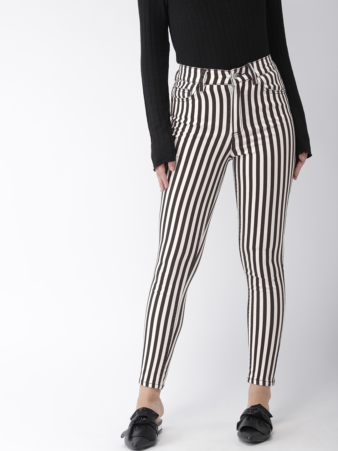 Buy FOREVER 21 Women Black & White Regular Fit Striped Regular Trousers ...