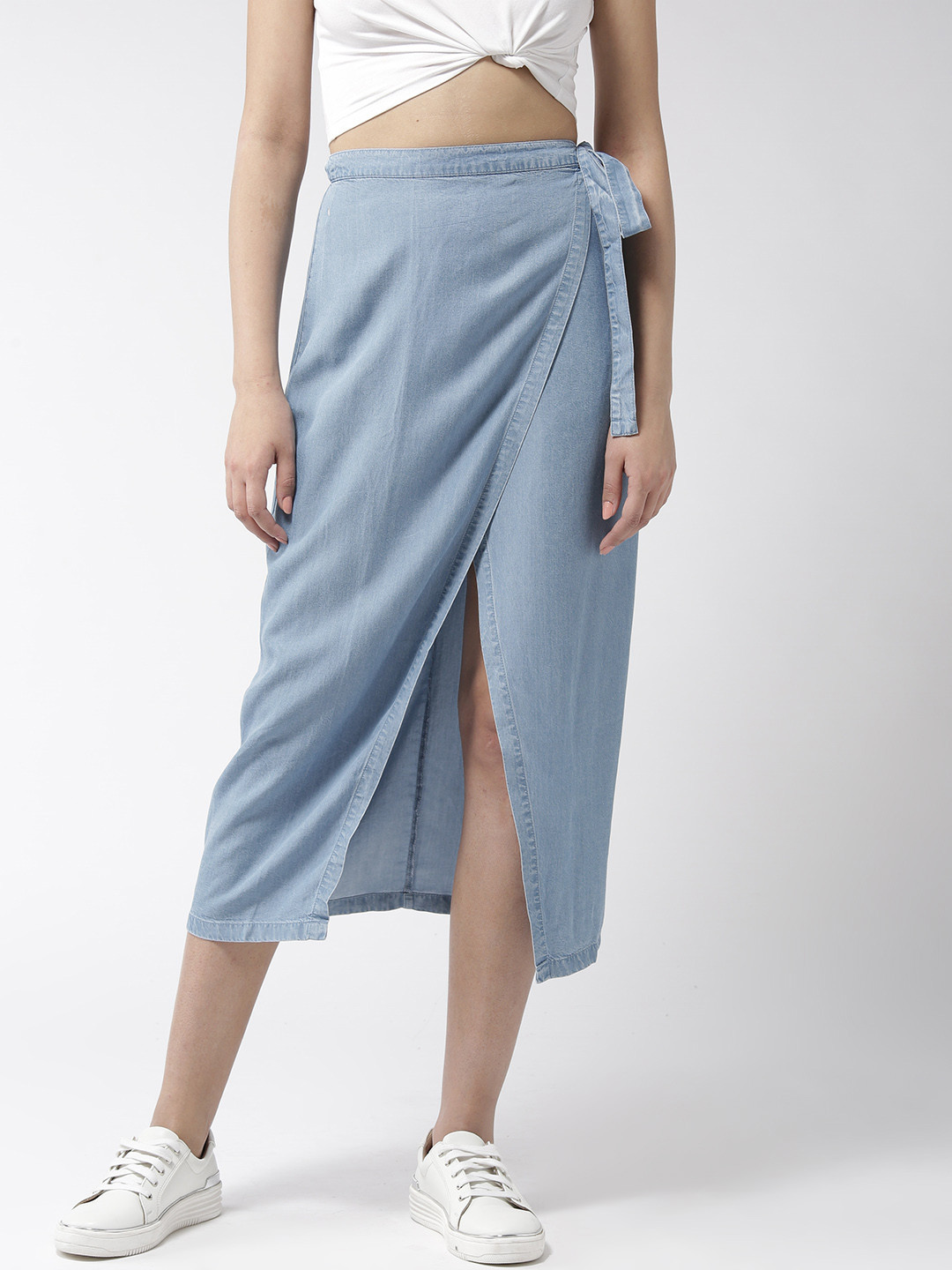 Buy FOREVER 21 Women Blue Solid Chambray Wrap Skirt Skirts for Women