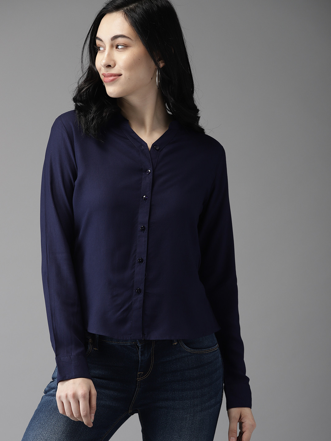 Buy HERE&NOW Women Navy Blue Solid High Low Hem Casual Shirt Shirts