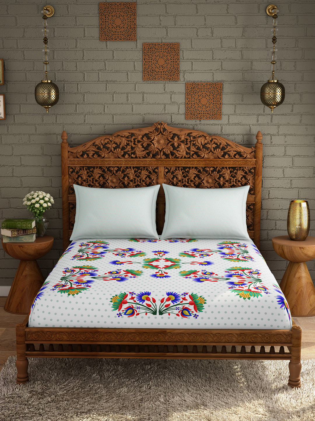 Buy SPACES Multicoloured Floral Flat 600 TC Cotton 1 King Bedsheet With