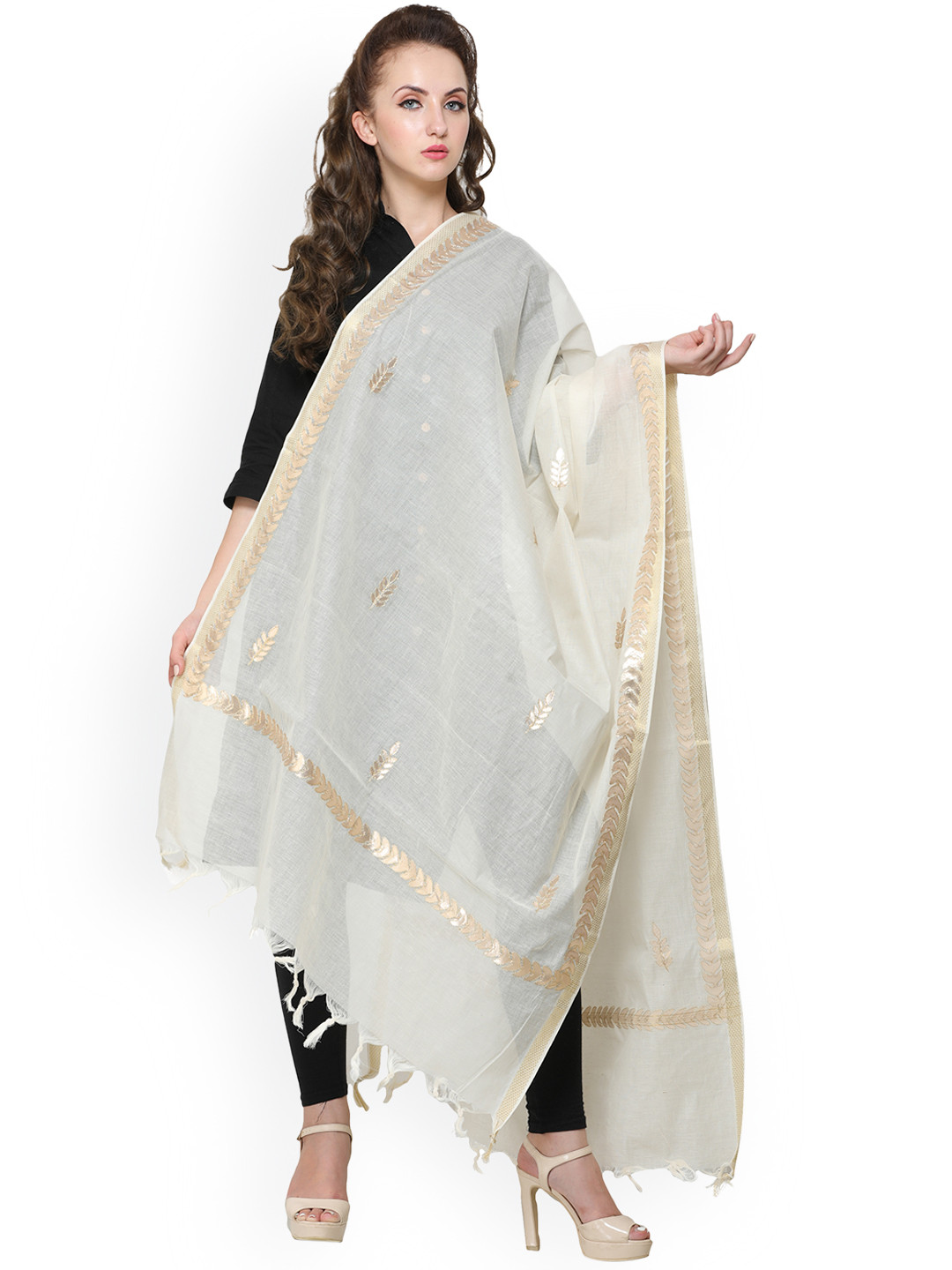 Cotton brown dupatta with cream detailing main image 0