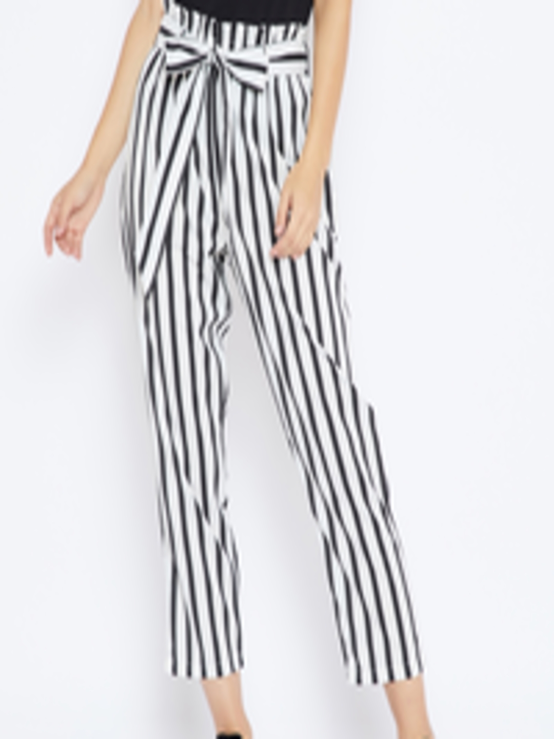 Buy Zastraa Women White & Black Regular Fit Striped Peg Trousers