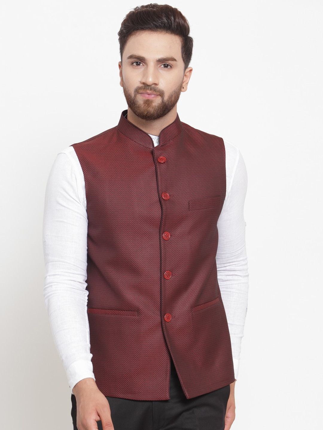 Men Maroon Woven Design Waistcoats
