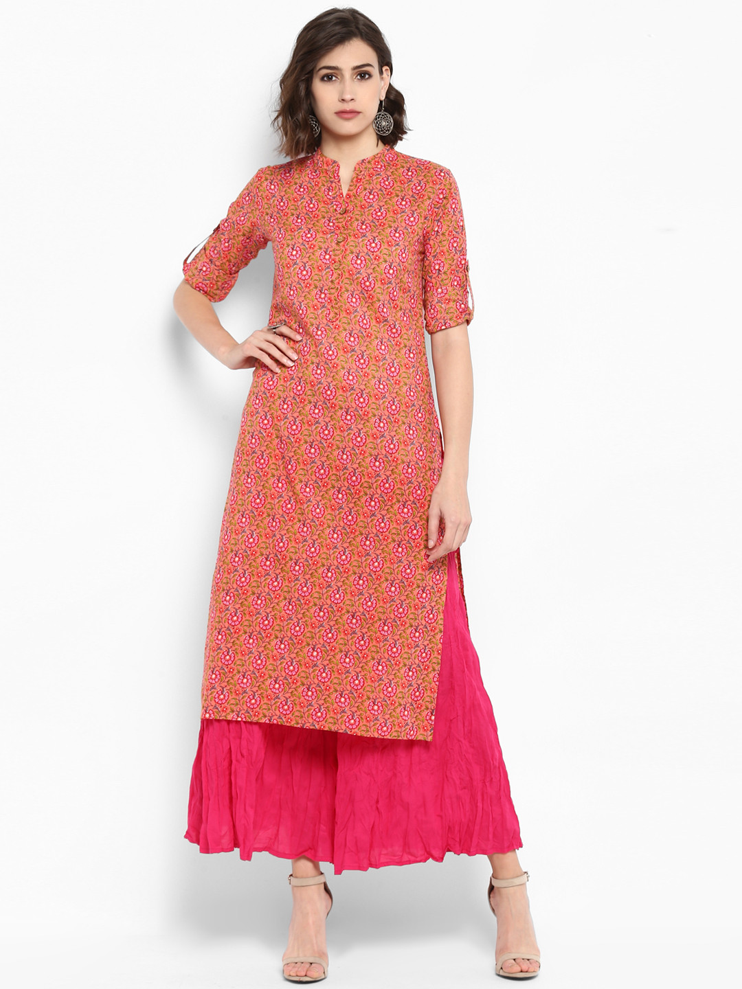 Buy Varanga Women Peach Coloured & Coral Pink Printed Kurta With