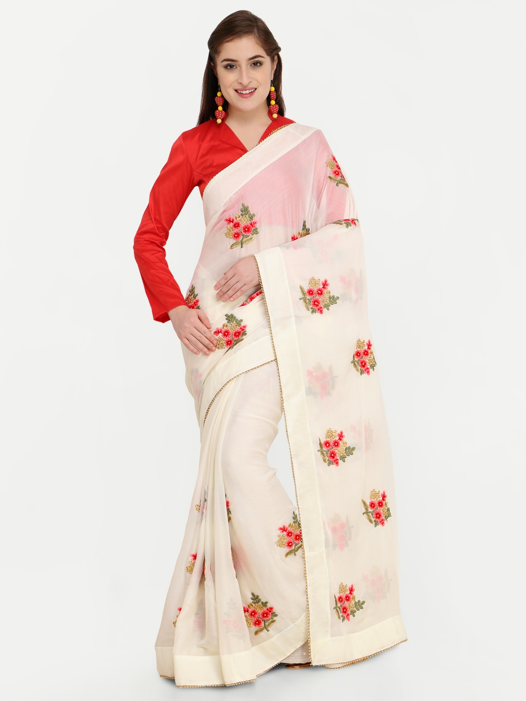 red and white striped saree online