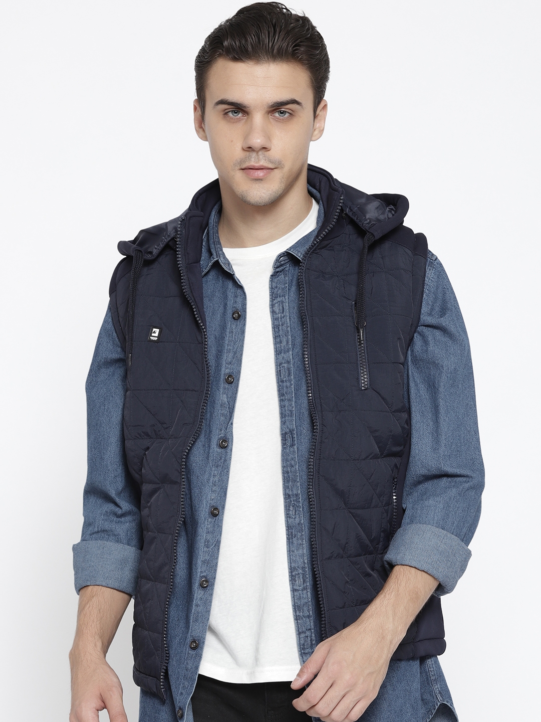 Buy Fort Collins Men Navy Blue Solid Hooded Sleeveless Quilted Jacket - Jackets for Men 7419992 