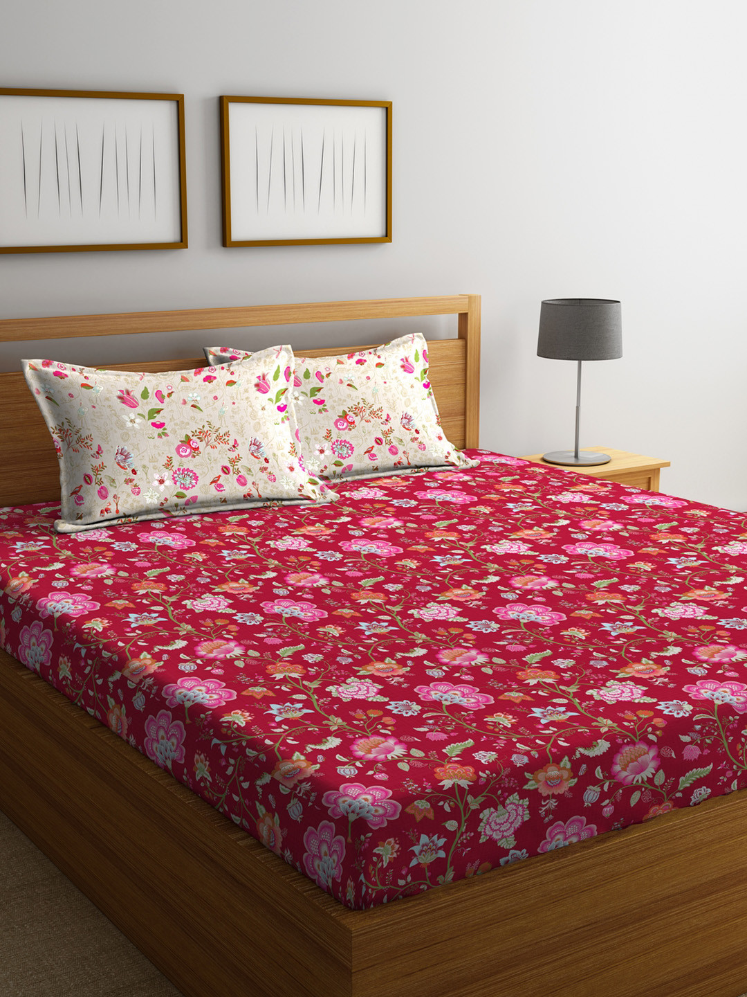 Buy Portico New York Red & Pink Floral Fitted 144 TC Cotton Bedsheet