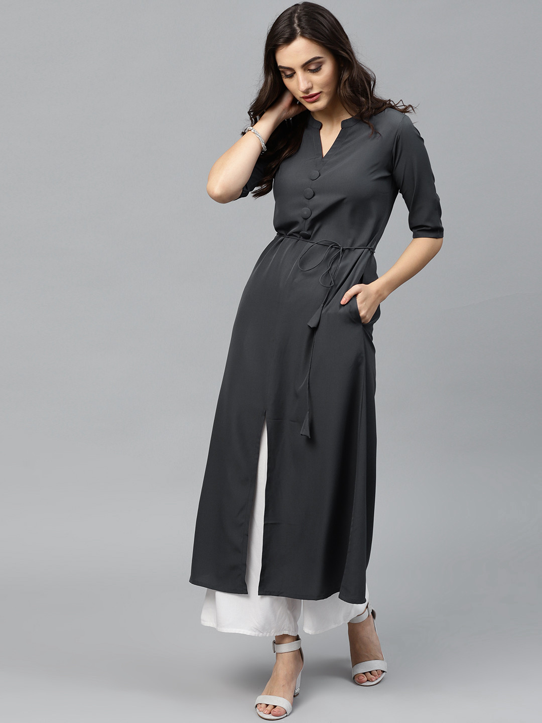 Buy GERUA Women Charcoal Grey Solid A Line Kurta Kurtas for Women
