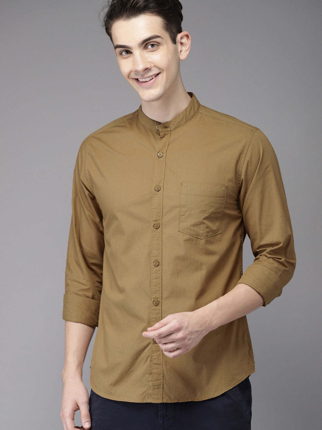 Buy HERE&NOW Men Khaki Regular Fit Solid Casual Shirt Shirts for Men