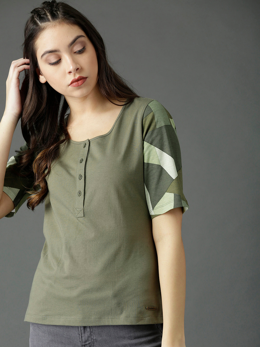 Buy Roadster Women Olive Green Solid Henley Neck Pure Cotton T Shirt