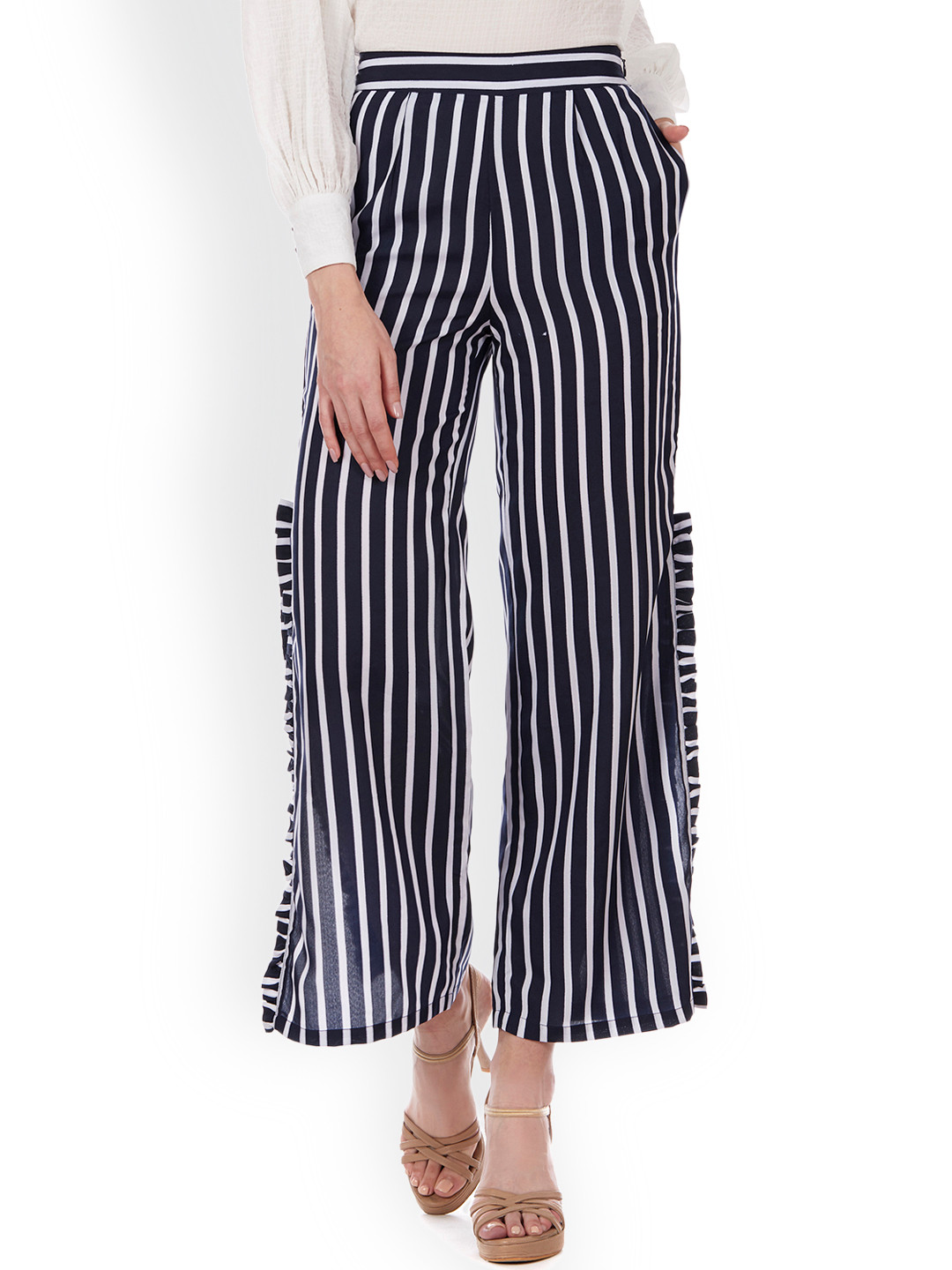 Buy Colormode Women Navy Blue & White Striped Straight Fit High Rise Trousers - Trousers for 