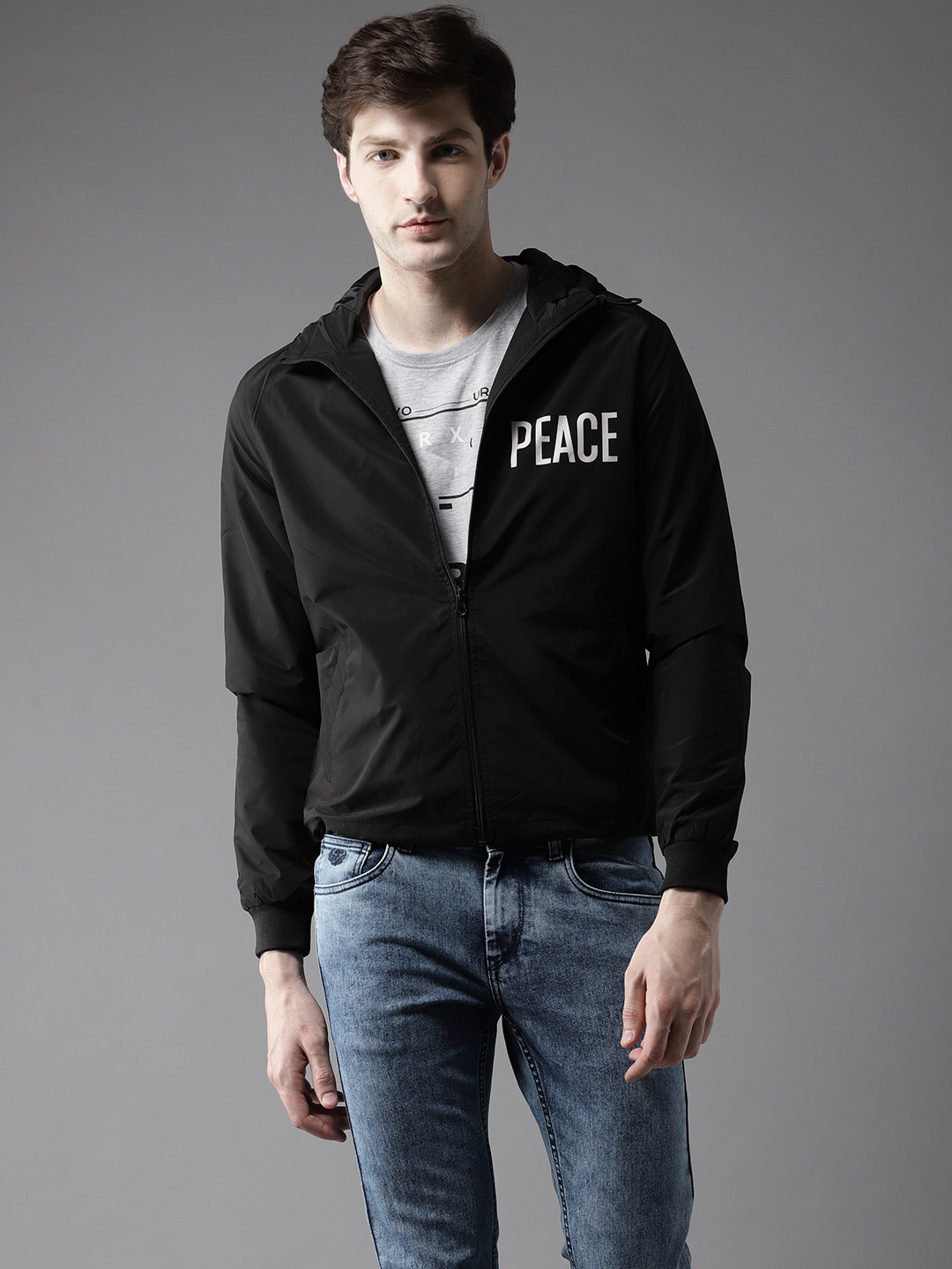 Buy Flying Machine Men Black Printed Hooded Tailored Jacket Jackets