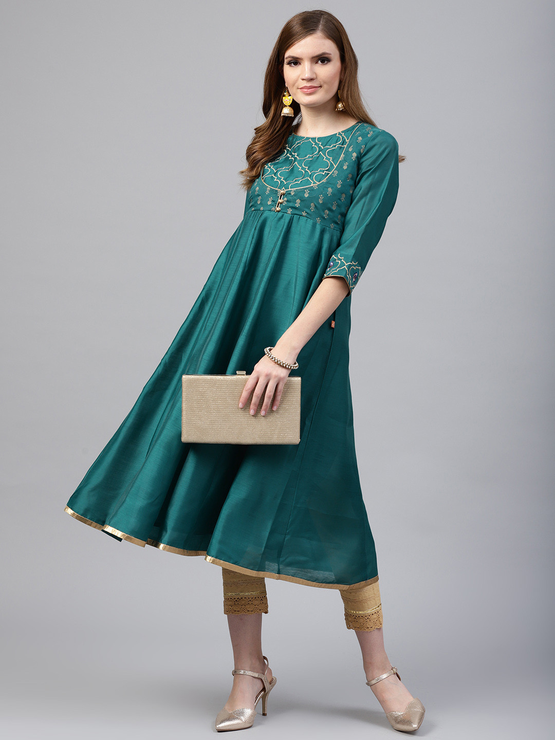 Buy Juniper Women Green & Gold Toned Solid Kurta With Trousers - Kurta Sets for Women 7431793 