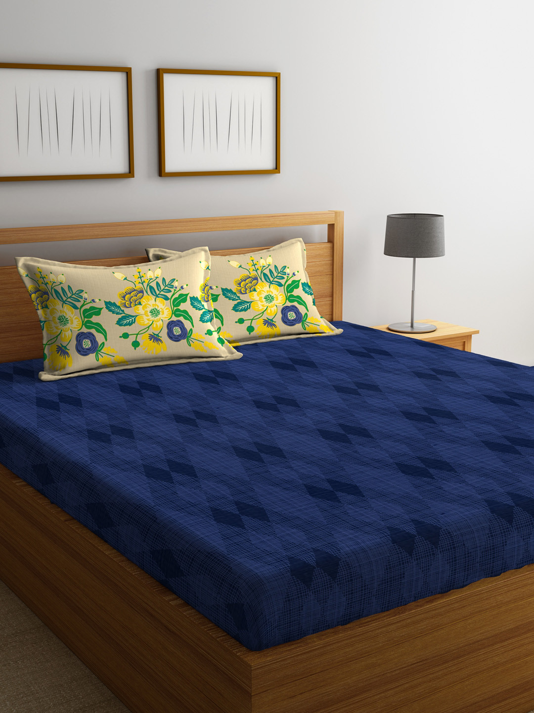 Buy Portico New York Navy Blue Geometric Flat 144 TC Double Bedsheet