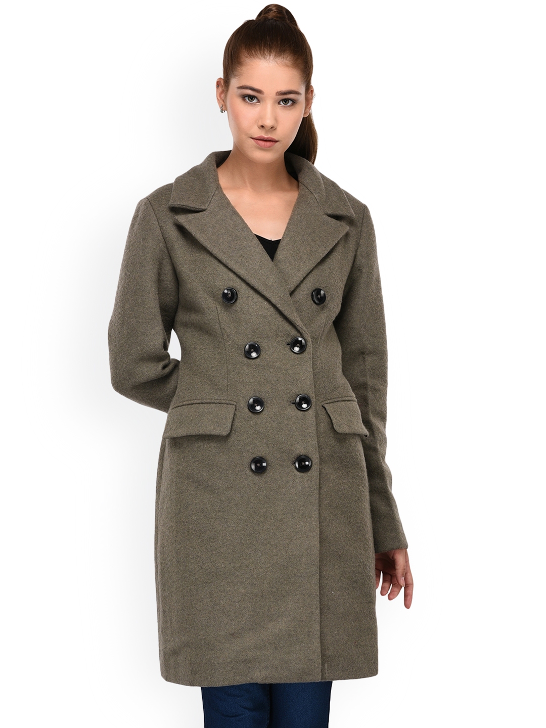 Buy Owncraft Women Olive Green Solid Woollen Pea Coat - Coats for Women ...