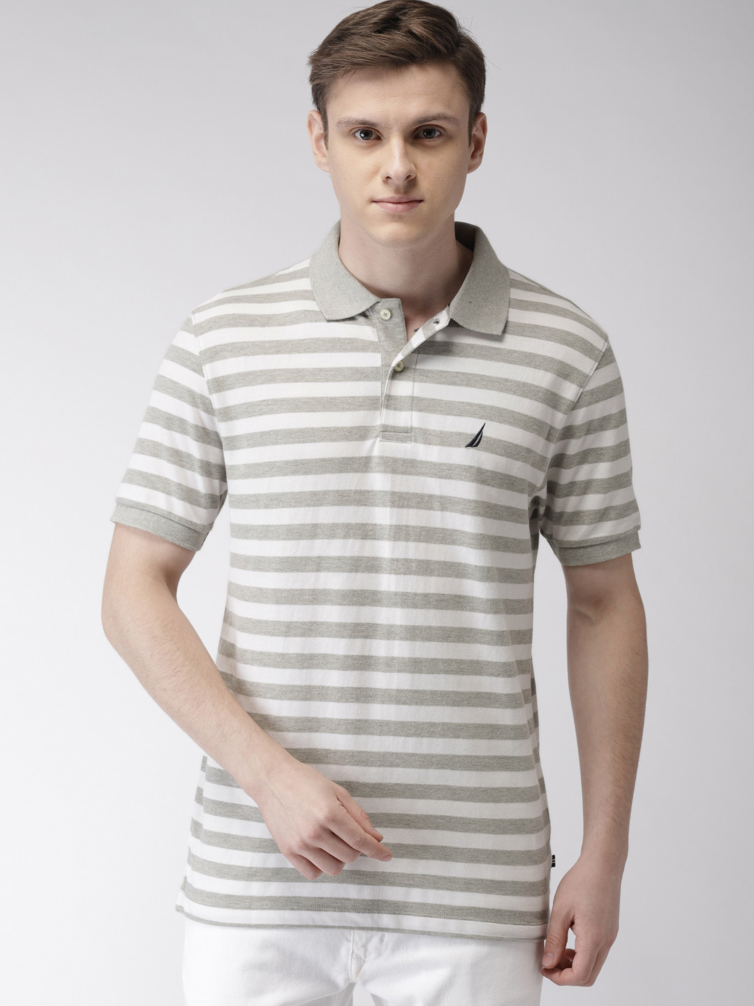Buy Nautica Men Grey White Striped Polo Collar Pure Cotton T Shirt