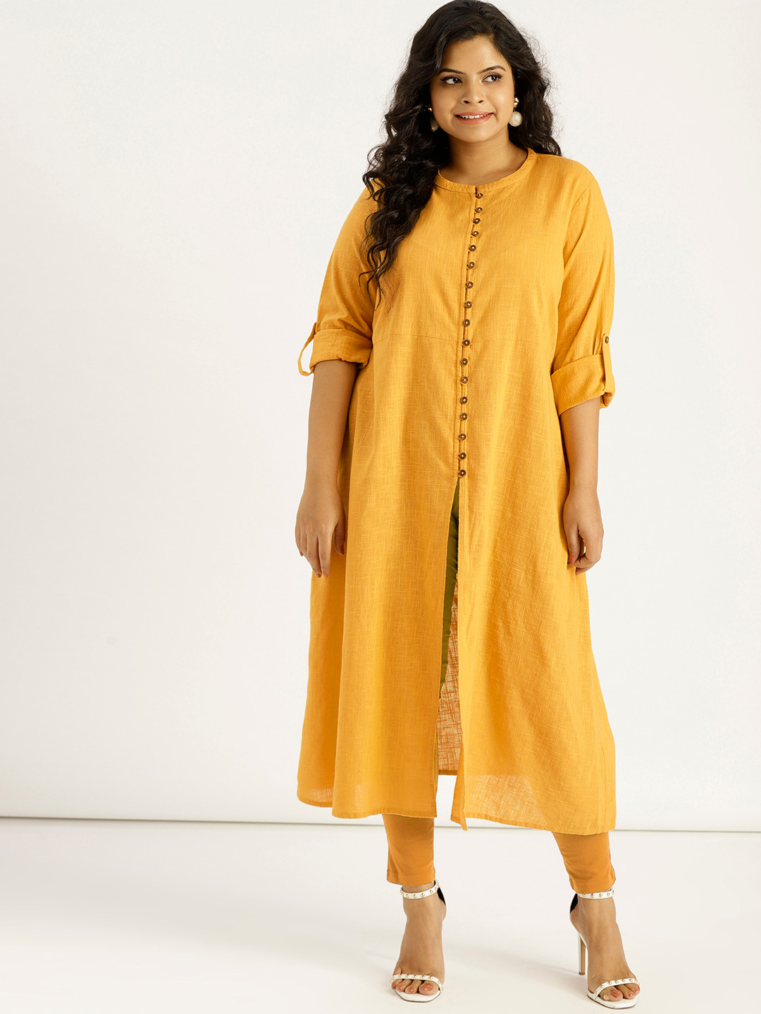Buy Sztori Plus Size Women Mustard Yellow Solid A Line Kurta Kurtas