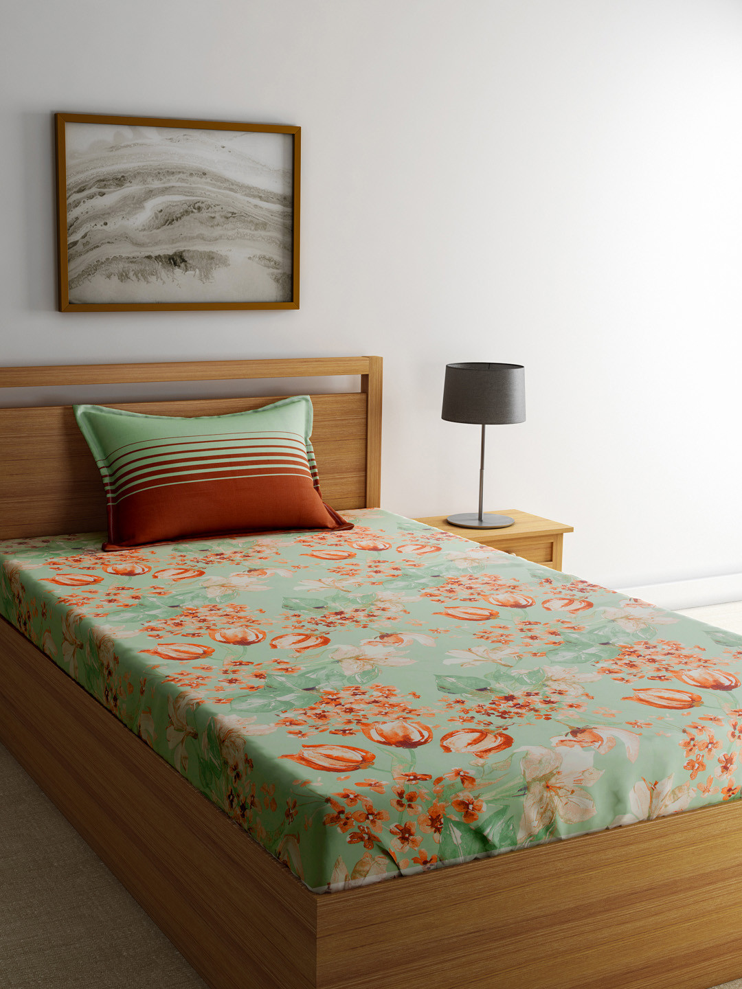 Buy Trident Green Floral Flat 144 TC Cotton 1 Single Bedsheet With 1