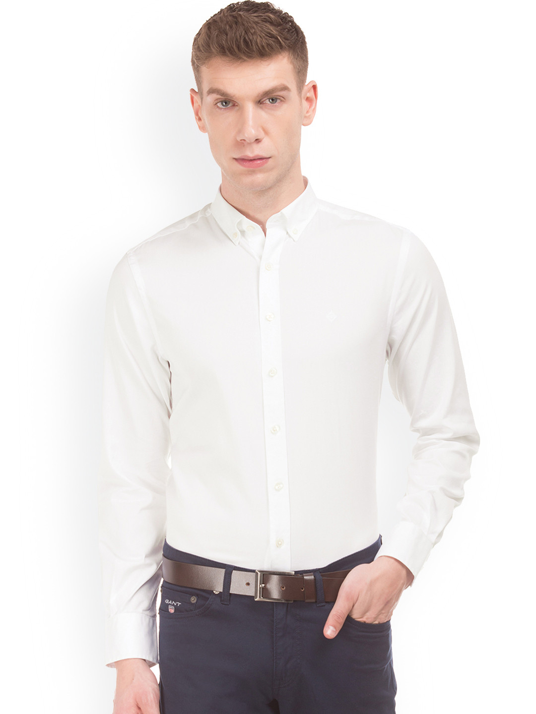 Gant Men Off White Printed Button-down Collar Full Sleeves Shirt
