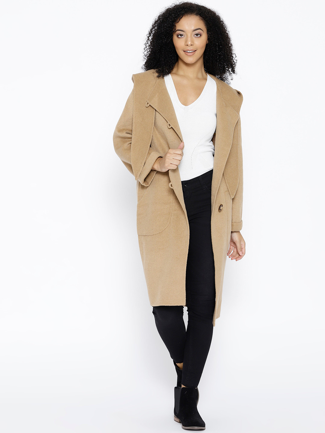 Buy ESPRIT Women Beige Solid Hooded Overcoat Coats for Women 7435797