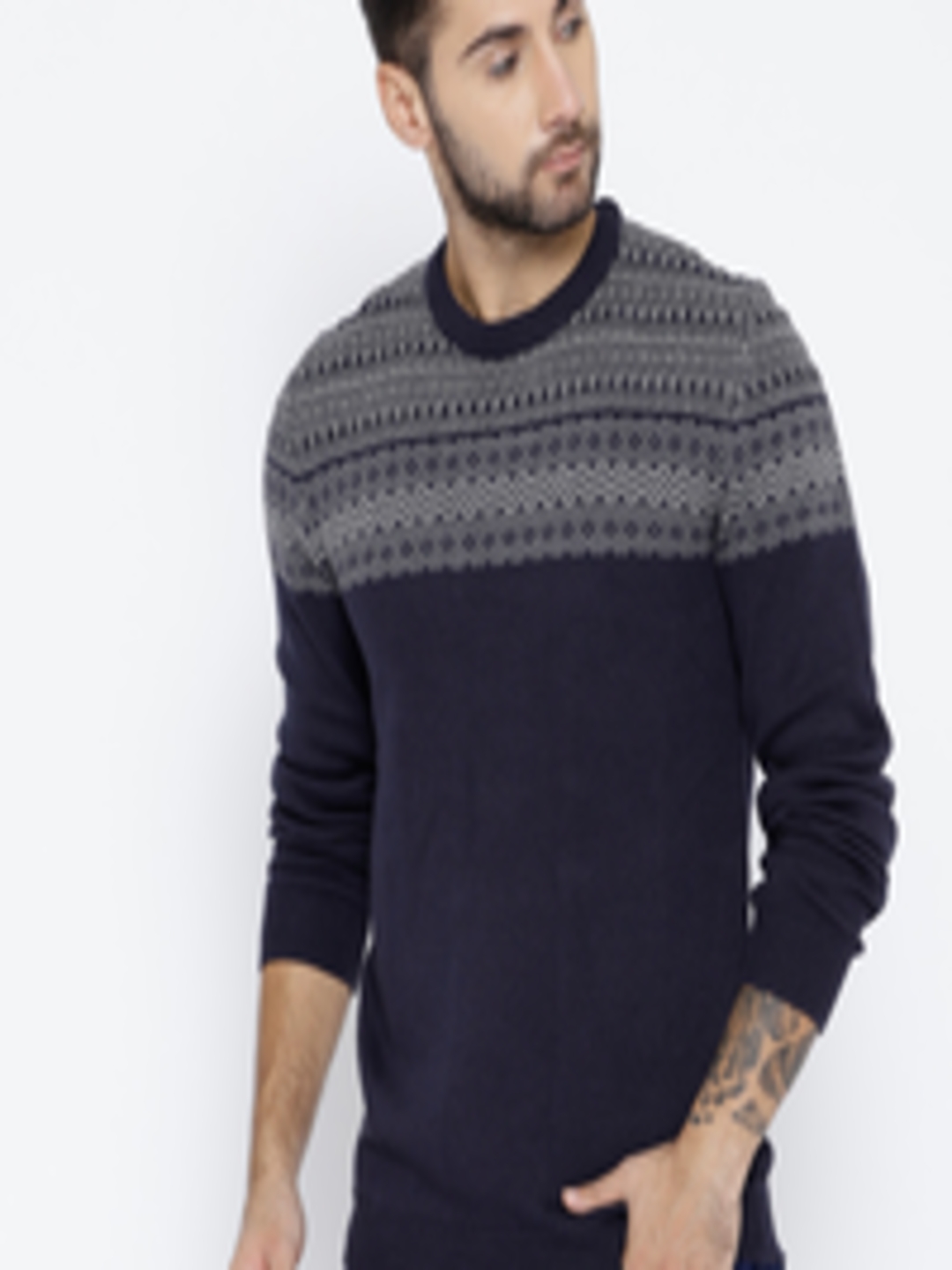 Buy ESPRIT Men Navy Blue & Grey Fair Isle Pullover - Sweaters for Men ...