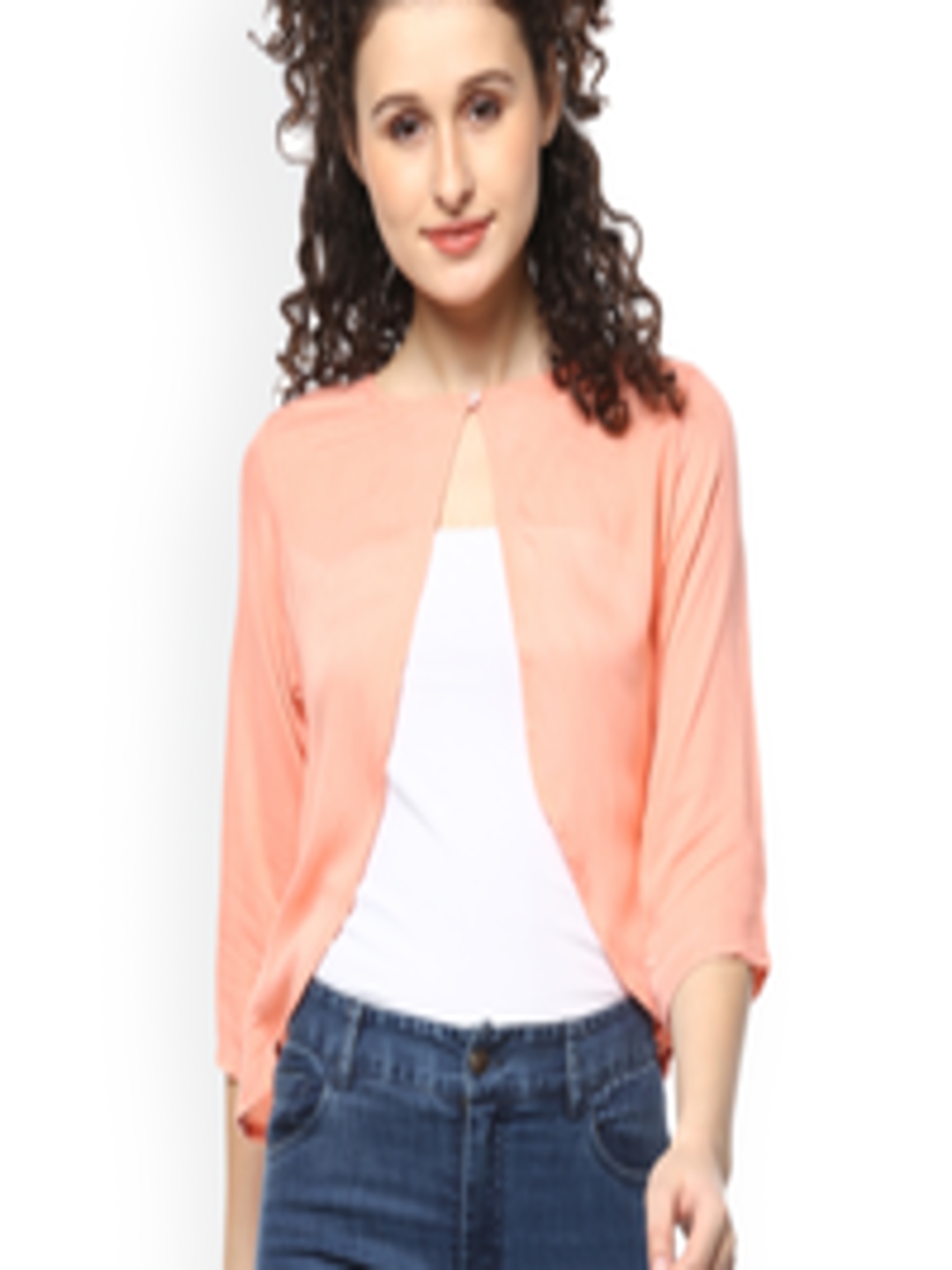 Buy Mayra Peach Coloured Solid Open Front Shrug - Shrug for Women ...