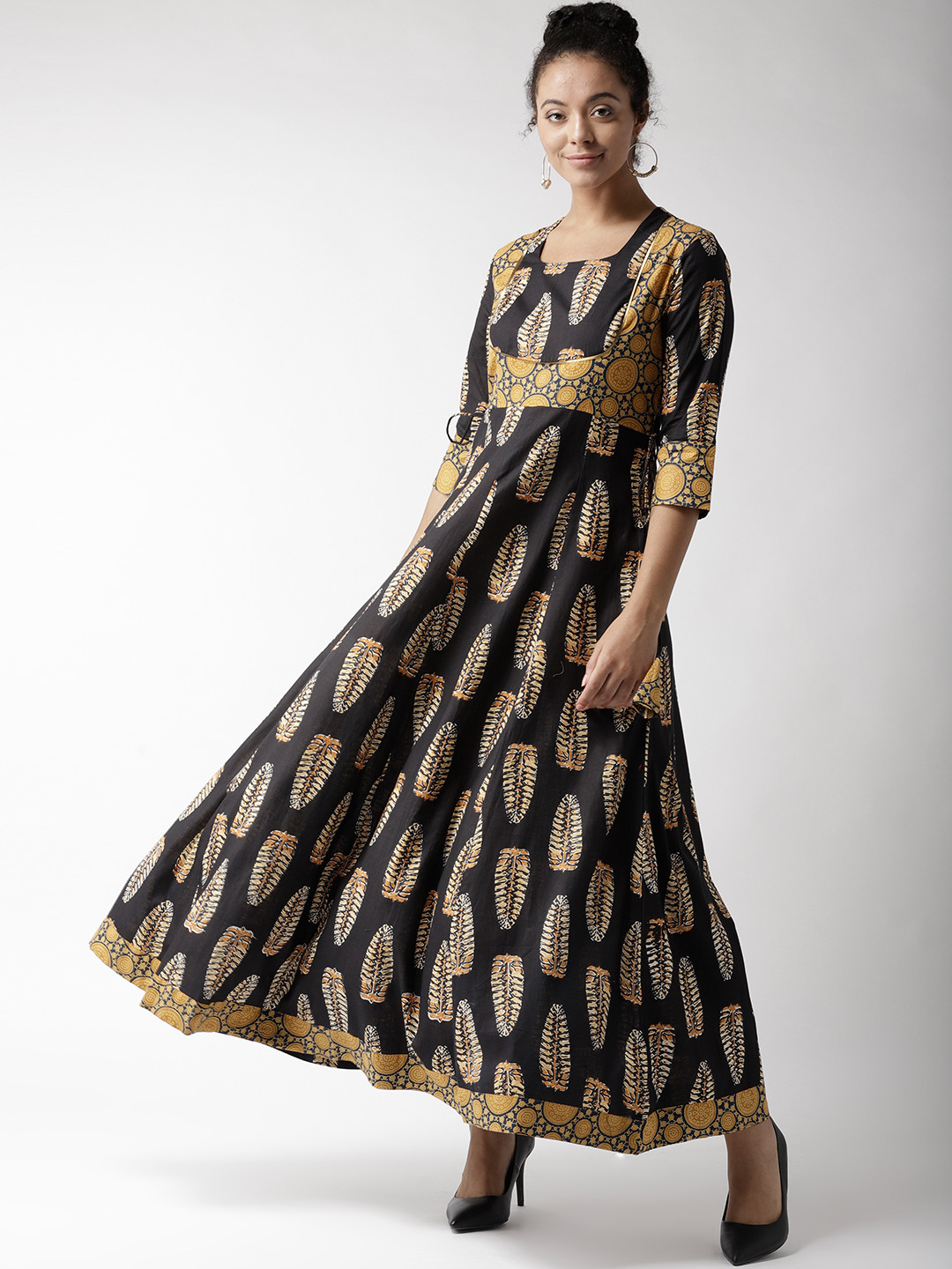 Buy WoowZerz Women Black Mustard Yellow Printed Maxi Dress Dresses 