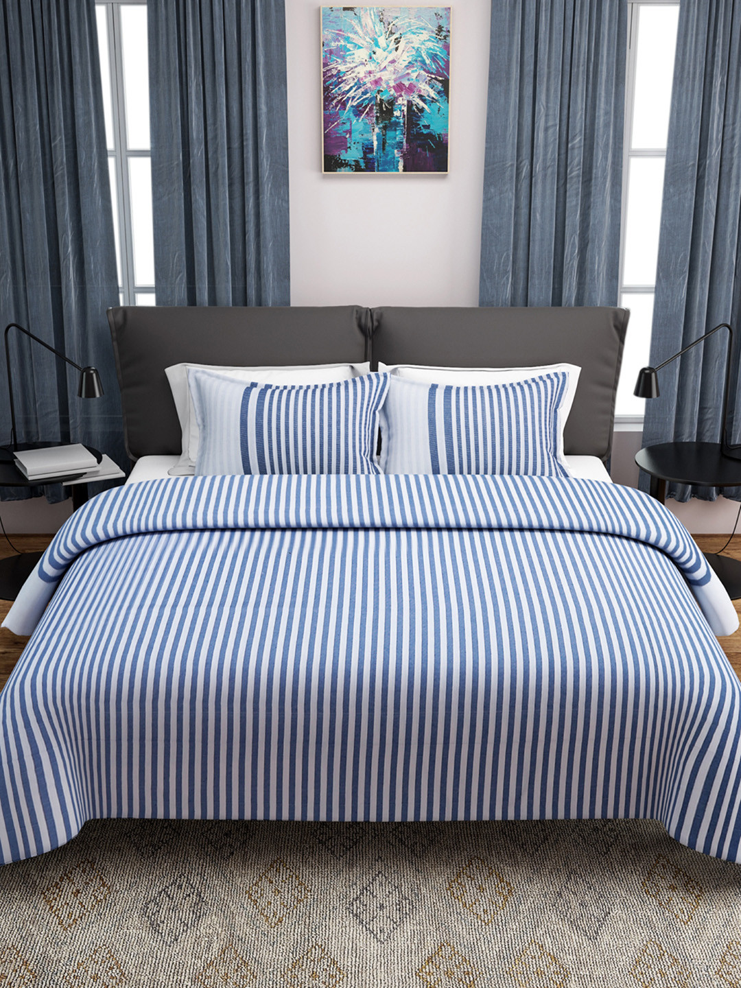 Buy ROMEE Blue & White Striped Double Bed Cover With 2 Pillow Covers