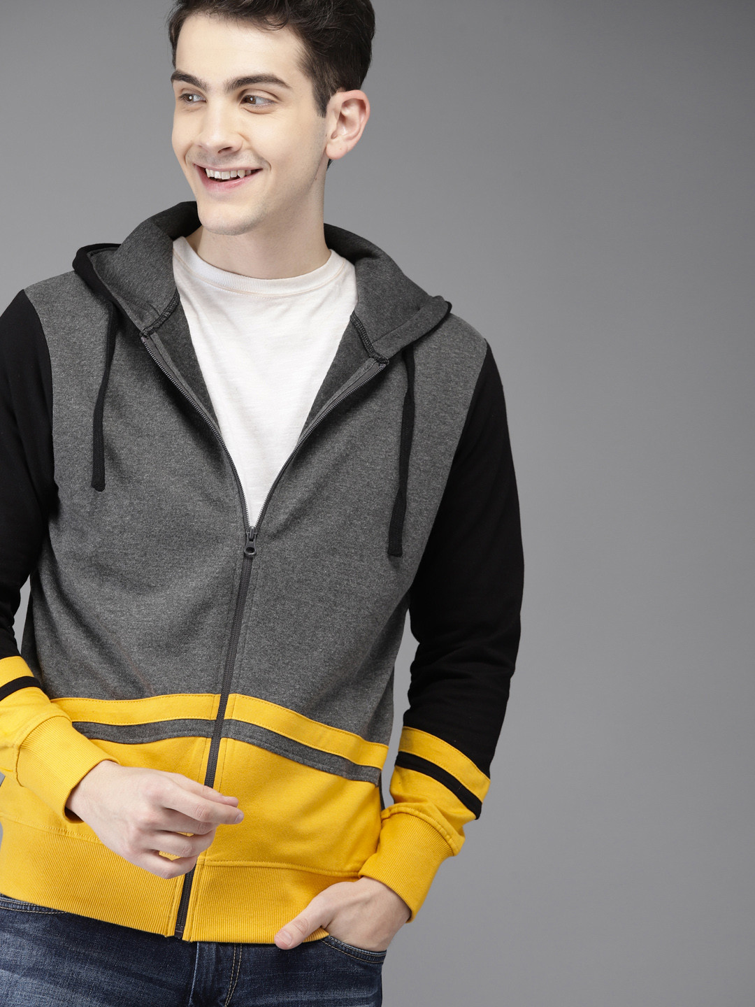 Buy HERE&NOW Men Charcoal Grey & Yellow Colourblocked Hooded Sweatshirt