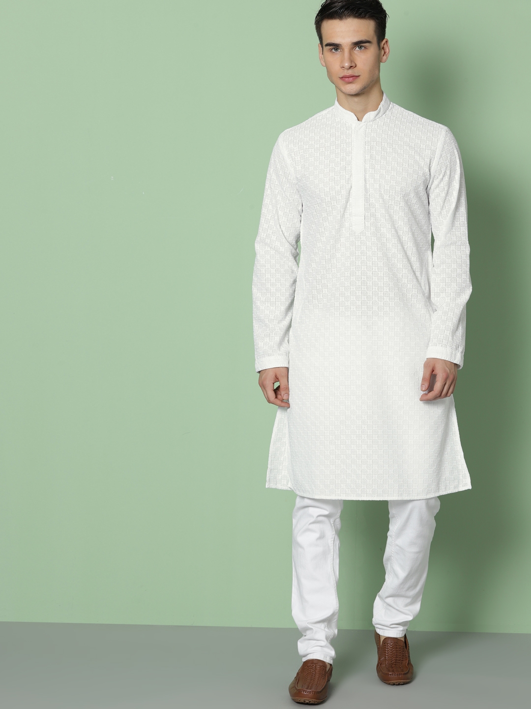 Buy House Of Pataudi Men White Woven Design Straight Kurta - Kurtas for ...