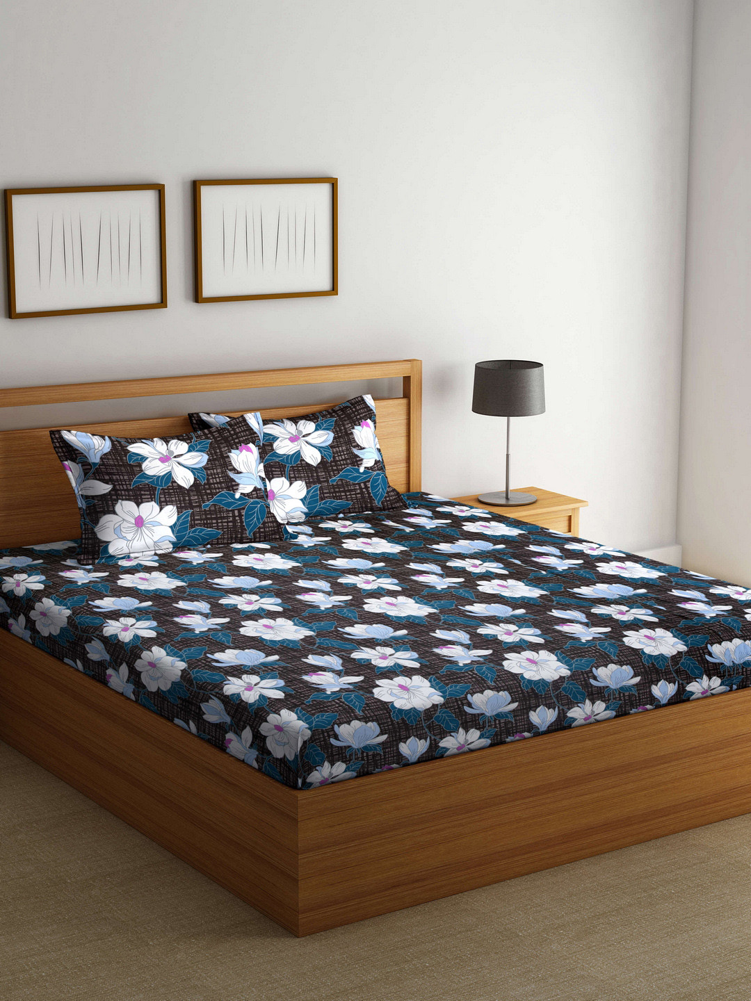 Buy BOMBAY DYEING Blue Floral Flat 144 TC Cotton King Bedsheet With 2
