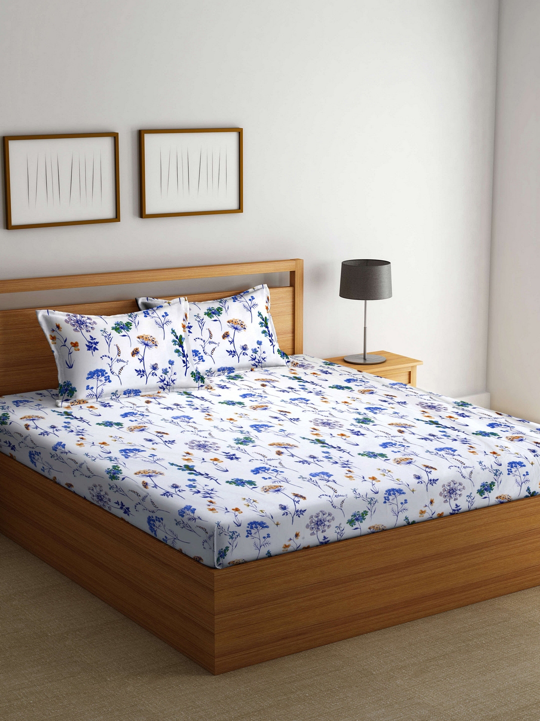 Buy BOMBAY DYEING Blue & White Floral Flat 144 TC Cotton King Bedsheet