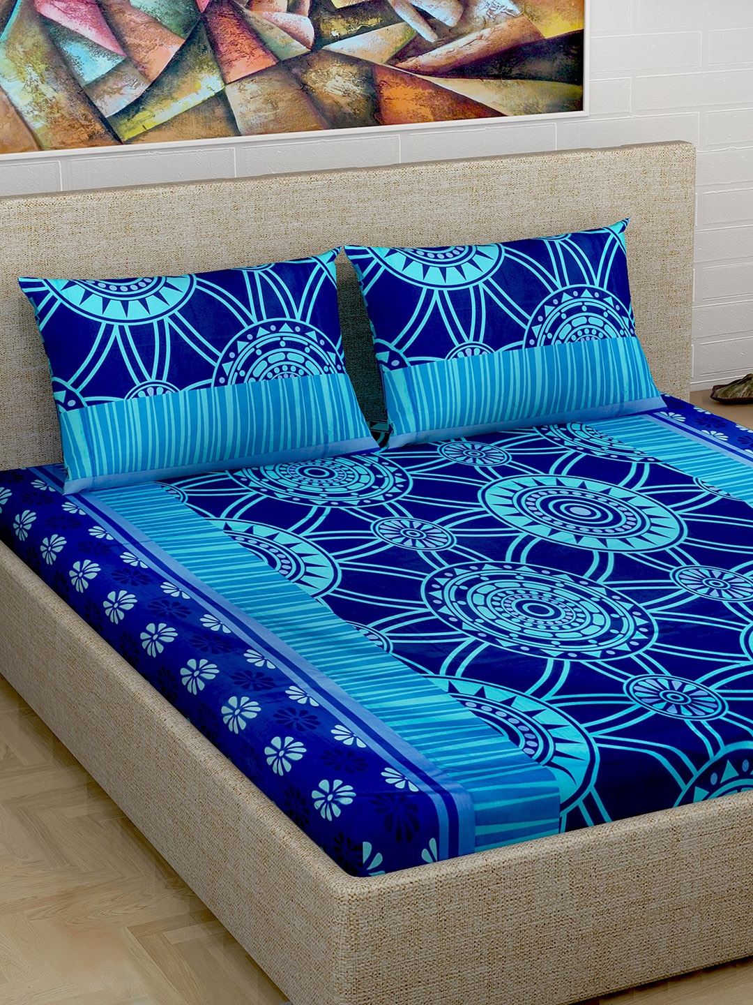 Buy Divine Casa Blue Ethnic Motifs Flat 180 TC Cotton Bedsheet With 2