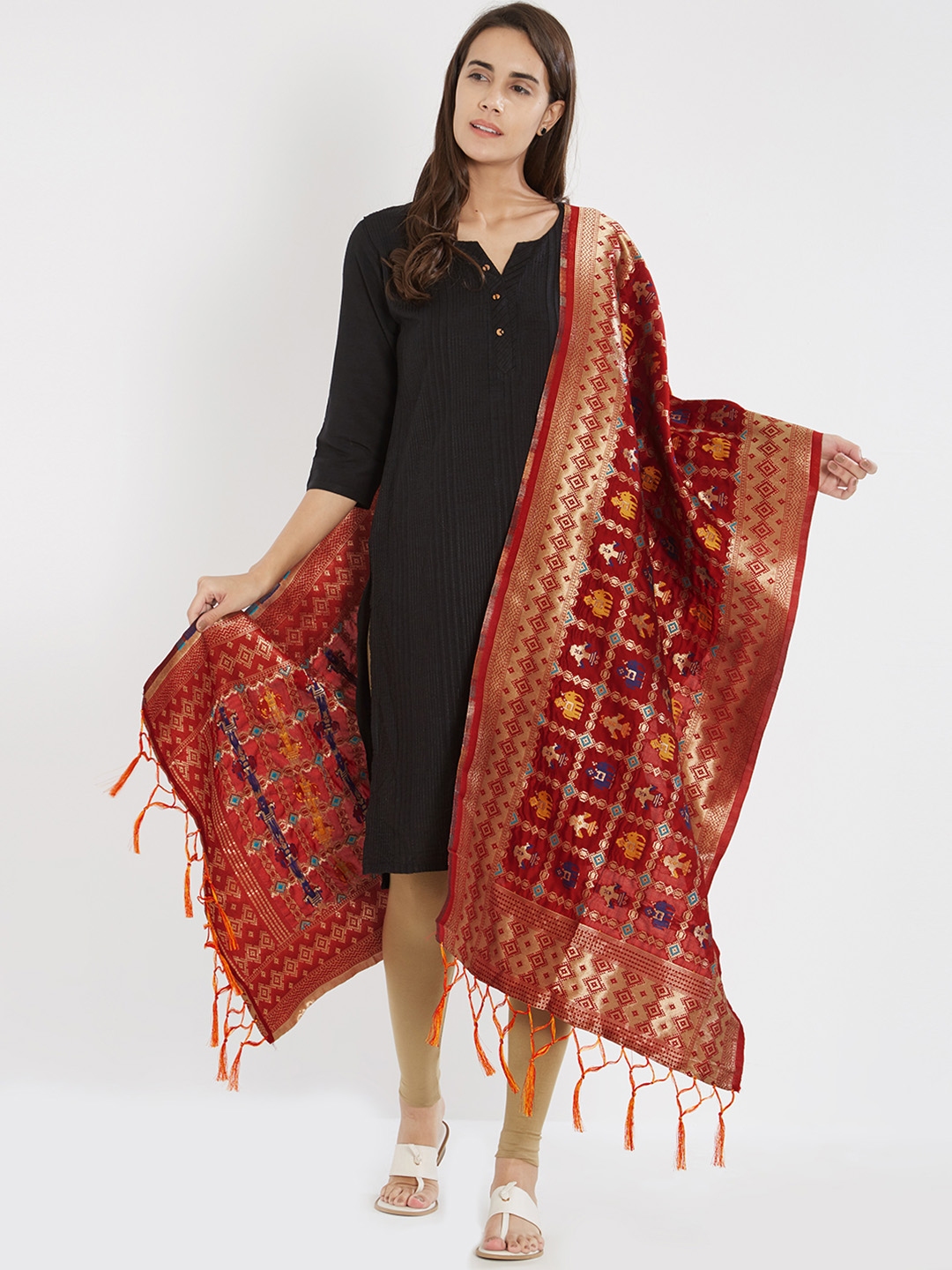 golden gown with red dupatta